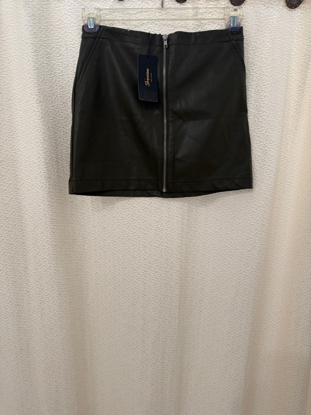 NWT  Shinestar Dark Olive Faux Leather Mini Skirt with Front Zip